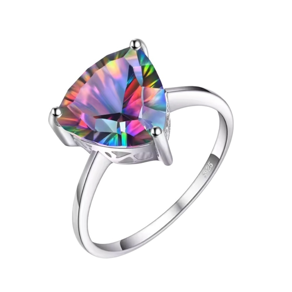 Rainbow Mystic Topaz Triangle Ring – Sterling Silver 925 Size 8 – Dazzling
